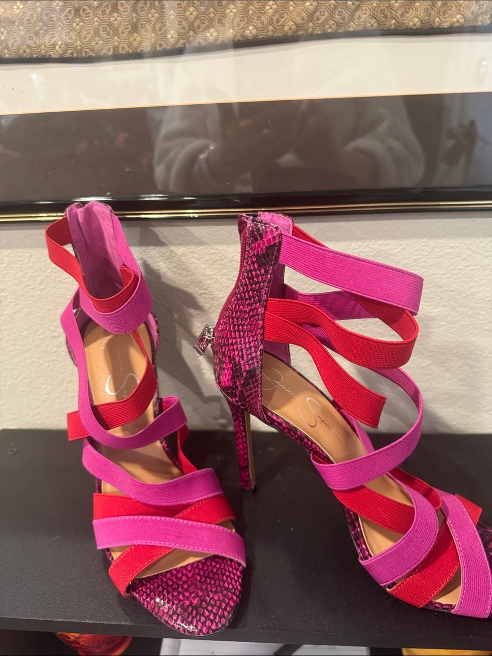 Jessica Simpson Pink and Red Strappy Stiletto Sandals
